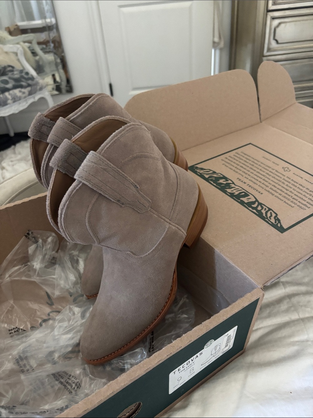 Tecovas Light Taupe Suede Ankle Booties with Wrap Strap
